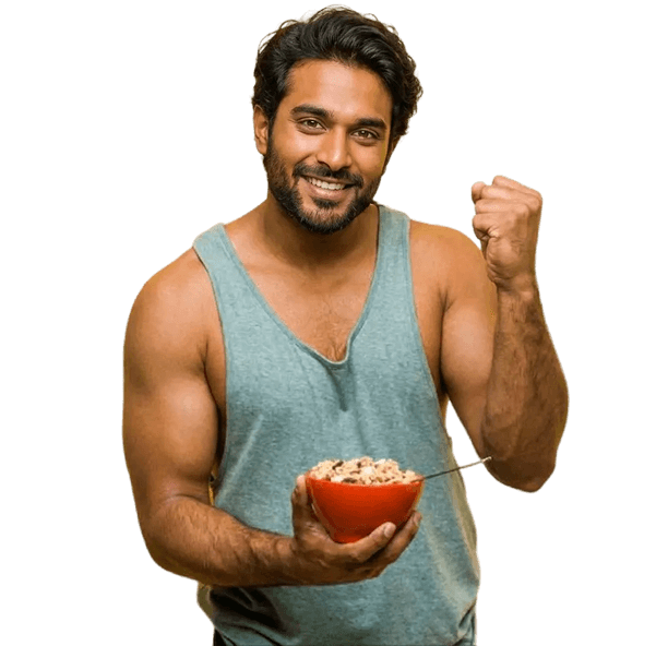 Fit man in tank top holding a bowl after workout