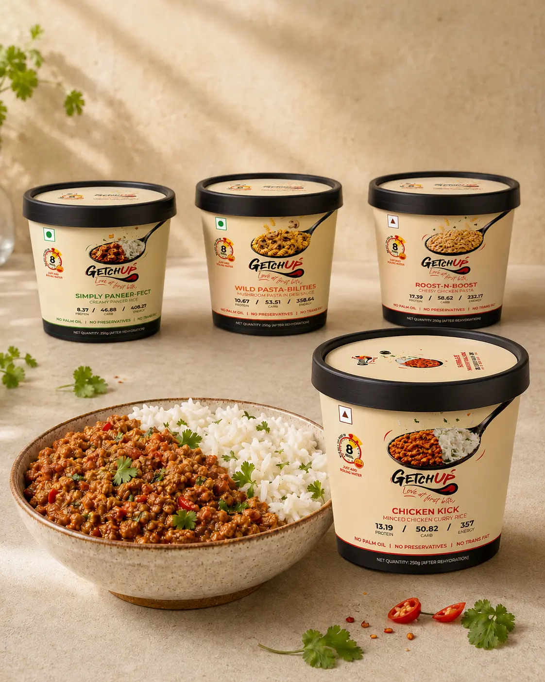 Getchup instant meals with a prepared Chicken Kick rice bowl